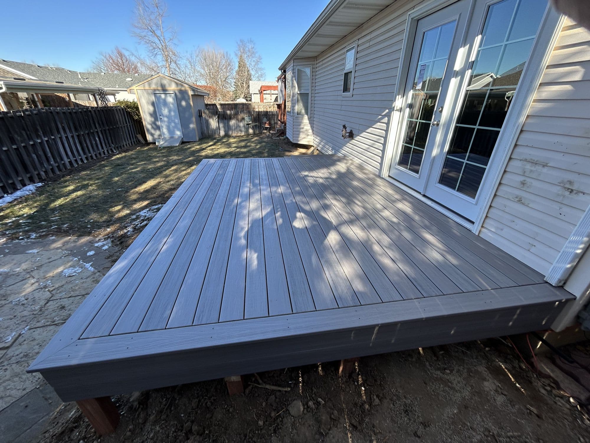 Finished elevated composite deck, wide view