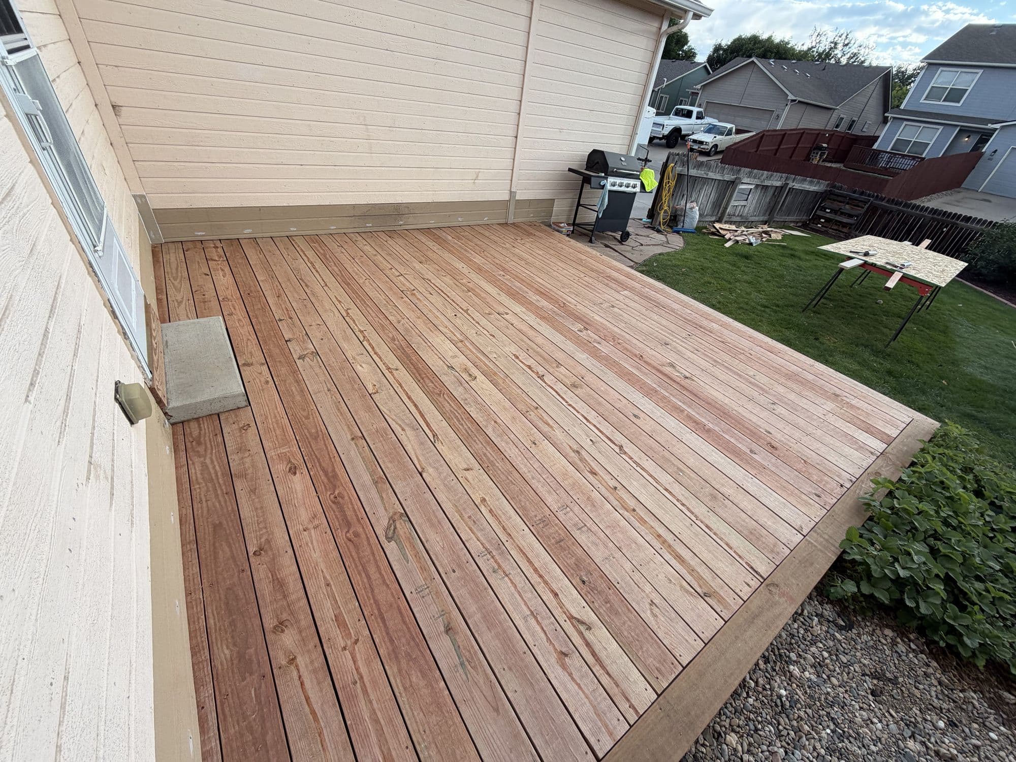 Completed wood deck, close view
