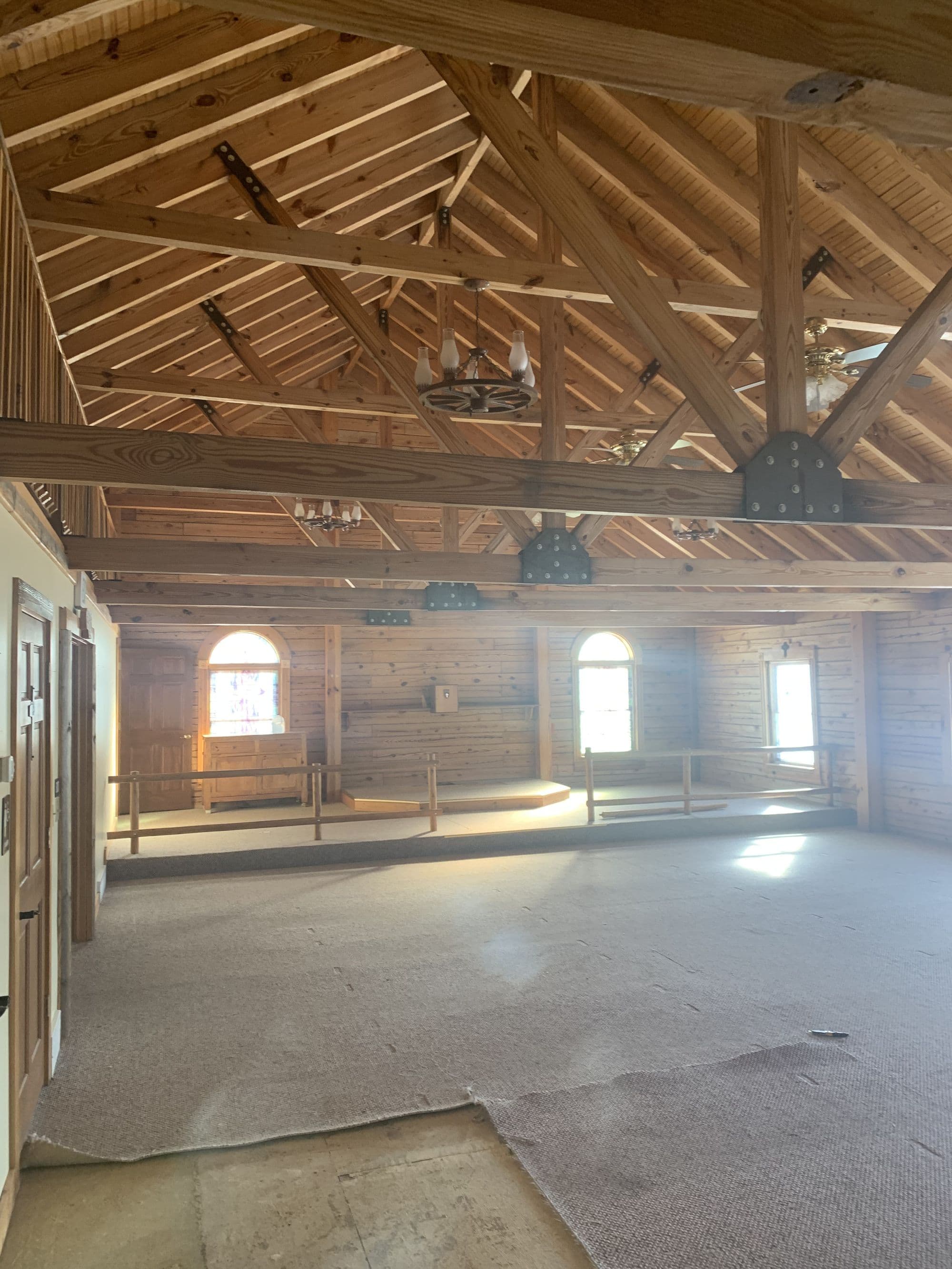 Vaulted great room during a full building remodel
